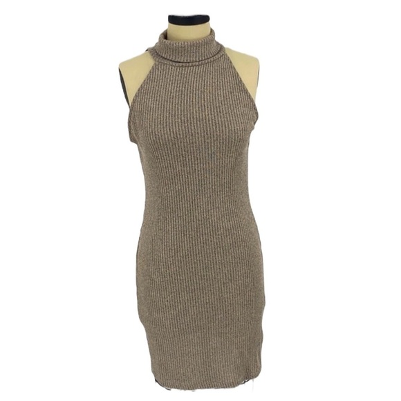 Topshop Dess nude rib turtleneck sleeveless knit bodycon dress SZ 10 - Picture 2 of 6
